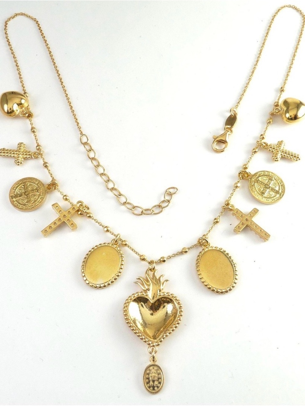 Gold Sacred Heart Charm Necklace with Coin and Crystal Cross Pendants - Picture 3 of 9